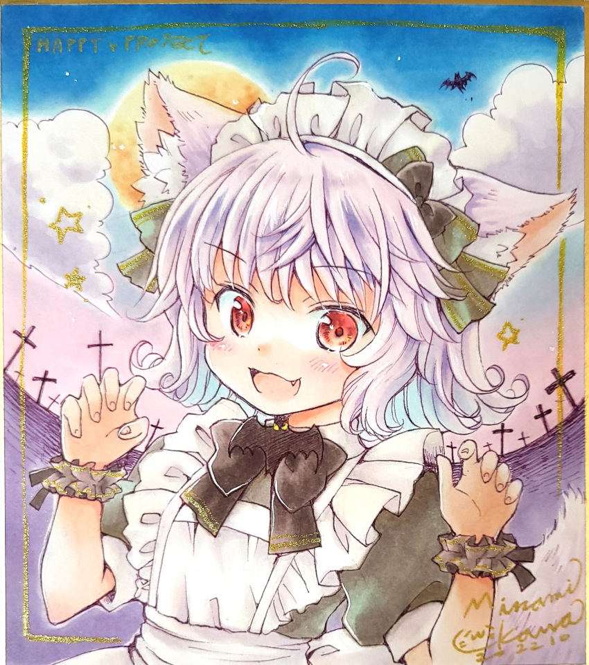 1girl ahoge animal_ears apron artist_name bat_(animal) bat_ornament black_bow black_bowtie black_dress bow bowtie circle_name claw_pose cloud cloudy_sky commentary dated dress fang frilled_apron frills full_moon graveyard grey_hair halloween highres looking_at_viewer maid_headdress marker_(medium) minami_kawa moon night night_sky open_mouth original outdoors puffy_short_sleeves puffy_sleeves red_eyes scrunchie short_hair short_sleeves signature sky smile solo traditional_media upper_body white_apron wolf_ears wrist_scrunchie