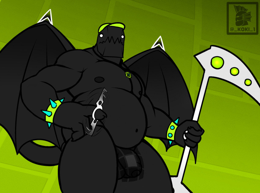 belly big_belly bracelet death_(personification) genitals geometry_dash grim_reaper hi_res jewelry koki_1 male monster_(geometry_dash) muscular necklace nipples overweight overweight_male penis robtop sevenworks soul_reaper_(koki_1) spiked_bracelet spikes spread_wings wings