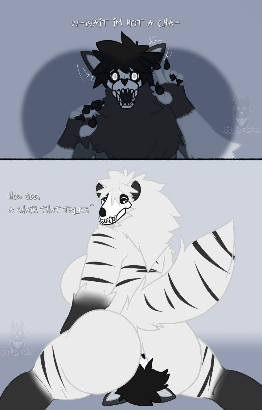 absurd_res anthro big_breasts big_butt bone breasts butt canid canine canis cryptid duo facesitting female fur hair hi_res hyena larger_female male male/female mammal monster nude simple_background sirdoomwolf sitting_on_another size_difference skull skull_head smaller_male striped_hyena wolf