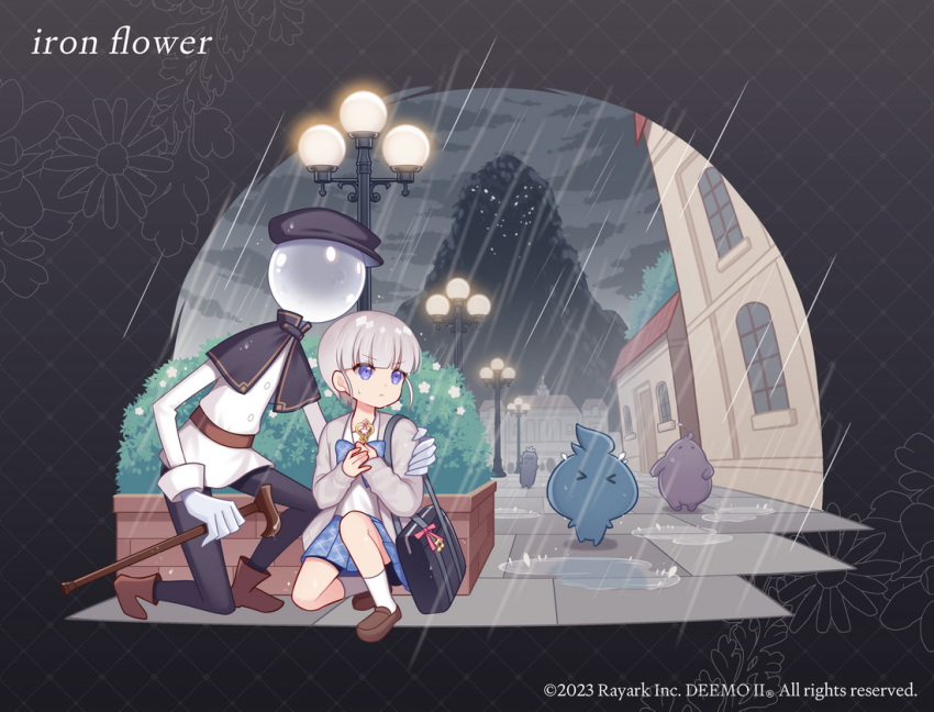 1girl 1other bag black_capelet black_headwear black_pants blue_bow blue_eyes blue_skirt blunt_bangs boots bow brown_footwear building cabbie_hat cane capelet cardigan character_request cloud cloudy_sky deemo english_text grey_cardigan grey_hair hat hitsuki_rei holding lamppost loafers long_sleeves official_art on_one_knee open_cardigan open_clothes outdoors own_hands_together pants pleated_skirt puddle puffy_long_sleeves puffy_sleeves rain sailor_collar school_bag school_uniform serafuku shirt shoes skirt sky sleeves_past_wrists socks squatting v-shaped_eyebrows water white_sailor_collar white_shirt white_socks window