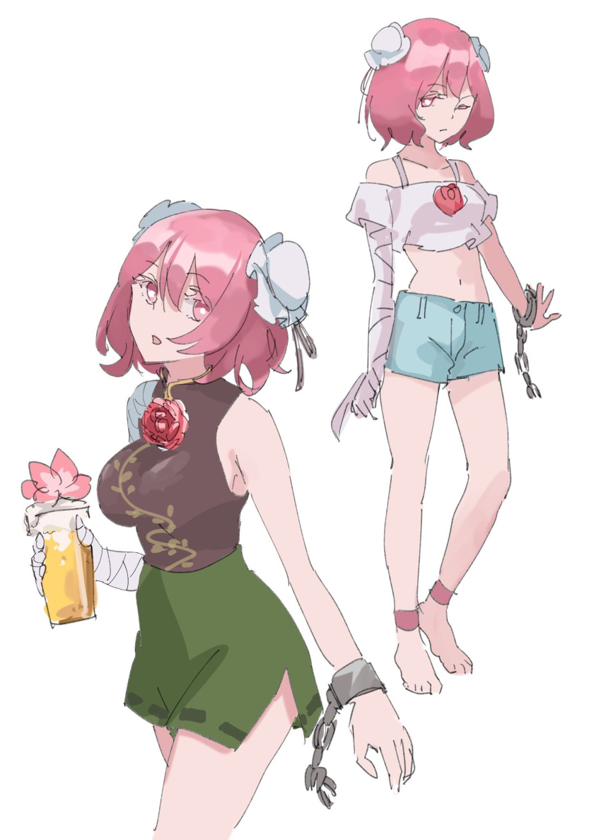 1girl bandaged_arm bandages beer_mug blue_shorts breasts bright_pupils bun_cover cardigan commentary_request cuffs cup double_bun green_skirt hair_bun highres ibaraki_kasen large_breasts looking_at_viewer miniskirt mug one-hour_drawing_challenge one_eye_closed open_mouth pink_cardigan pink_eyes pink_hair ribbon-trimmed_skirt ribbon_trim shackles shirt short_hair shorts simple_background skirt tohoyuukarin touhou white_background white_pupils white_shirt
