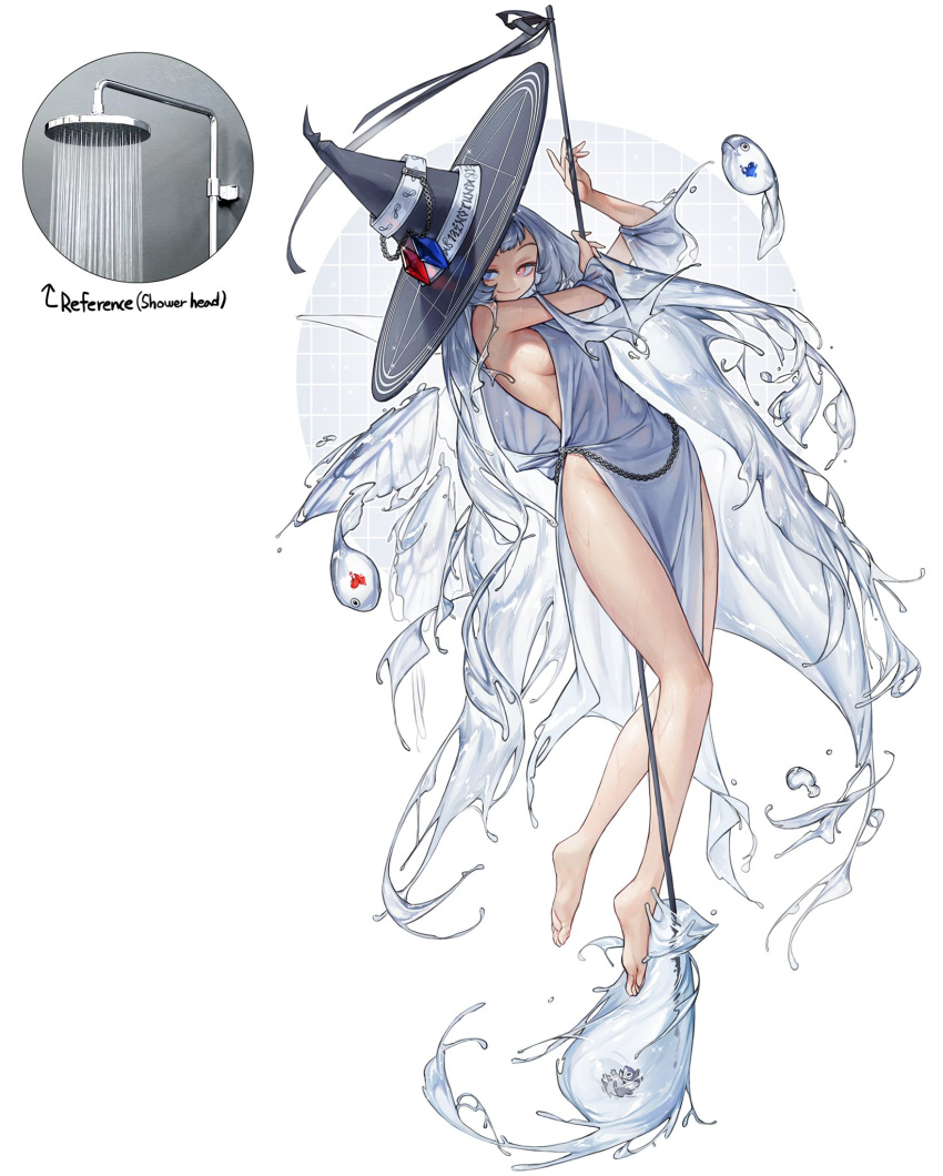 1girl bare_arms bare_shoulders barefoot black_ribbon blue_eyes blue_gemstone breasts detached_sleeves dress english_text feet fish floating full_body gem grey_hair hands_up hat hat_ornament heart heterochromia highres holding holding_polearm holding_weapon legs liquid_hair long_hair looking_at_viewer orange_eyes original personification photo_inset polearm pouch red_eyes red_gemstone reference_inset ribbon rinotuna robe shower_head sideboob smile soles solo toes very_long_hair water weapon white_background white_dress white_robe witch_hat