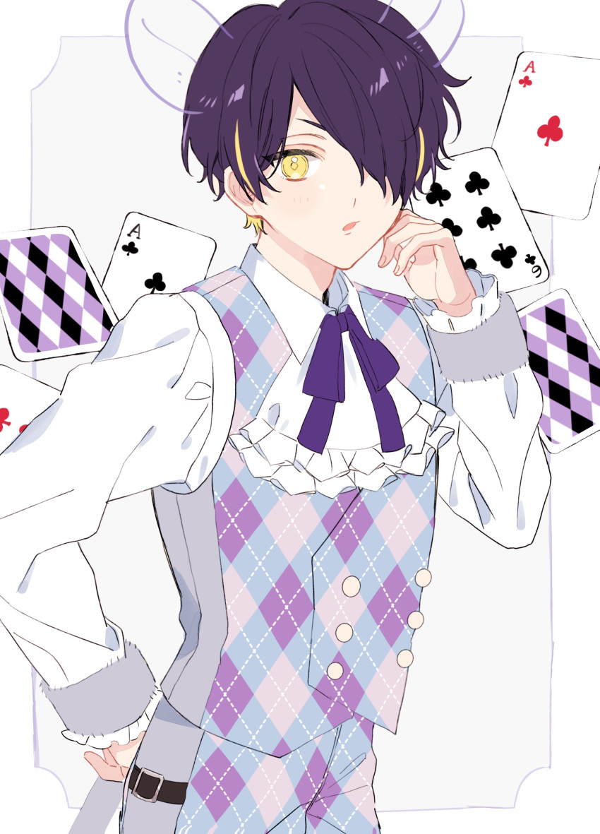 1boy absurdres blonde_hair buttons card collared_shirt commentary_request cowboy_shot drawn_ears ensemble_stars! fingernails hair_over_one_eye hand_up highres long_sleeves looking_at_viewer male_focus multicolored_hair neck_ribbon one_eye_covered open_mouth oshi_cutepm playing_card purple_hair purple_ribbon ribbon sengoku_shinobu shirt short_hair solo two-tone_hair vest yellow_eyes