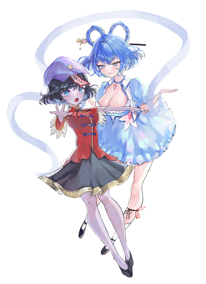 2girls :o absurdres alternate_hairstyle arms_up bad_perspective black_hair blue_choker blue_dress blue_eyes blue_hair blush braided_hair_rings breasts cabbie_hat choker cleavage colored_skin commentary_request daisy dress estelle8js fang flower flower_request full_body gold_trim grey_skin hagoromo hair_ornament hair_rings hair_stick hands_up hat hat_ornament highres jiangshi kaku_seiga large_breasts light_smile looking_ahead looking_at_another medium_breasts miyako_yoshika multiple_girls ofuda open_mouth outstretched_arms parted_lips pink_flower puffy_short_sleeves puffy_sleeves red_shirt shawl shirt short_hair short_sleeves simple_background star_(symbol) star_hat_ornament teeth touhou white_background white_flower wing_collar zombie_pose