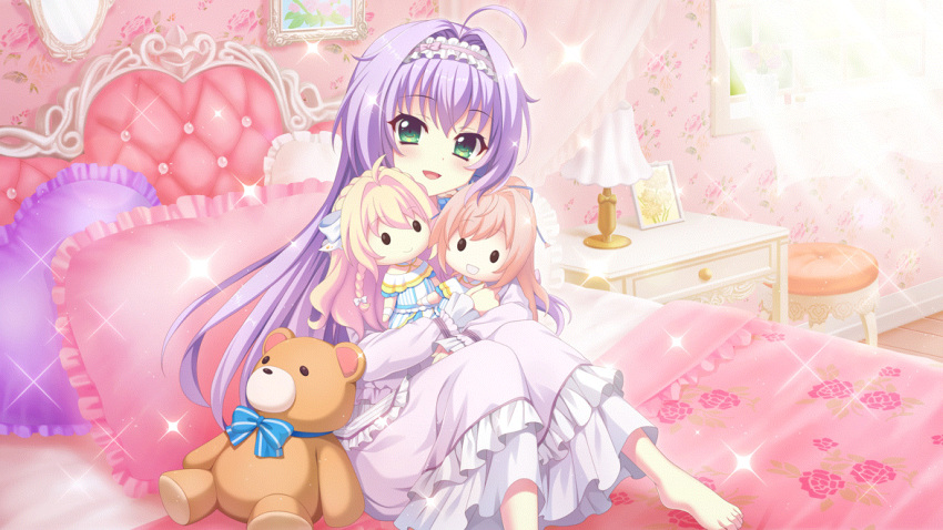 1girl ahoge barefoot bedroom blue_bow bow character_doll curtains dot_nose film_grain floral_print frilled_hairband frilled_pajamas frills game_cg green_eyes hair_intakes hairband heart heart_pillow himura_nagisa hokaze_kanade hugging_doll hugging_object indoors izumi_tsubasu lamp long_sleeves looking_at_viewer nightstand non-web_source official_art on_bed open_mouth pajamas picture_frame pillow print_bed_sheet purple_hair purple_hairband purple_pajamas re:stage! shiratori_amaha_(re:stage!) sitting smile solo sparkle stool stuffed_animal stuffed_toy sunlight teddy_bear wallpaper_(object) window wooden_floor