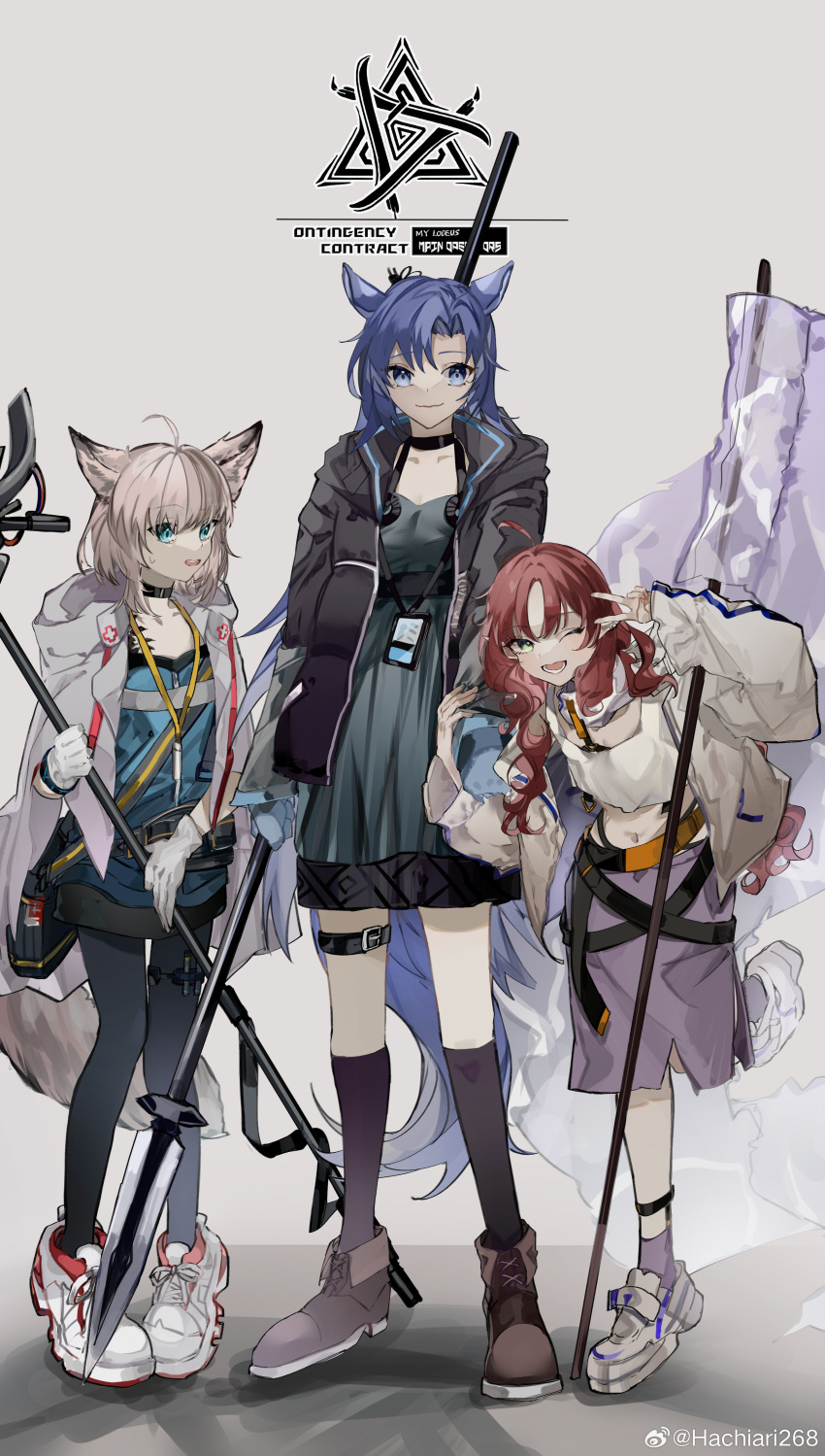 3girls a_chxoblc absurdres ahoge animal_ears ankle_boots arknights black_footwear black_jacket black_pantyhose black_shorts black_socks blue_eyes blue_hair blue_shirt boots breasts brown_hair cape chinese_commentary commentary_request crop_top cross fang_(arknights) flag fox_ears full_body gloves green_eyes grey_background grey_skirt hand_up highres holding holding_another's_arm holding_flag holding_polearm holding_staff holding_weapon hood hooded_cape horse_ears horse_girl jacket kneehighs long_hair looking_at_viewer medium_breasts medium_hair midriff mixed-language_commentary multiple_girls myrtle_(arknights) one_eye_closed open_mouth pantyhose pointy_ears polearm red_cross red_hair shadow shirt shoes shorts simple_background skirt smile sneakers socks spear staff standing standing_on_one_leg sussurro_(arknights) teeth thigh_strap upper_teeth_only v weapon weibo_username white_cape white_flag white_footwear white_gloves white_jacket white_shirt