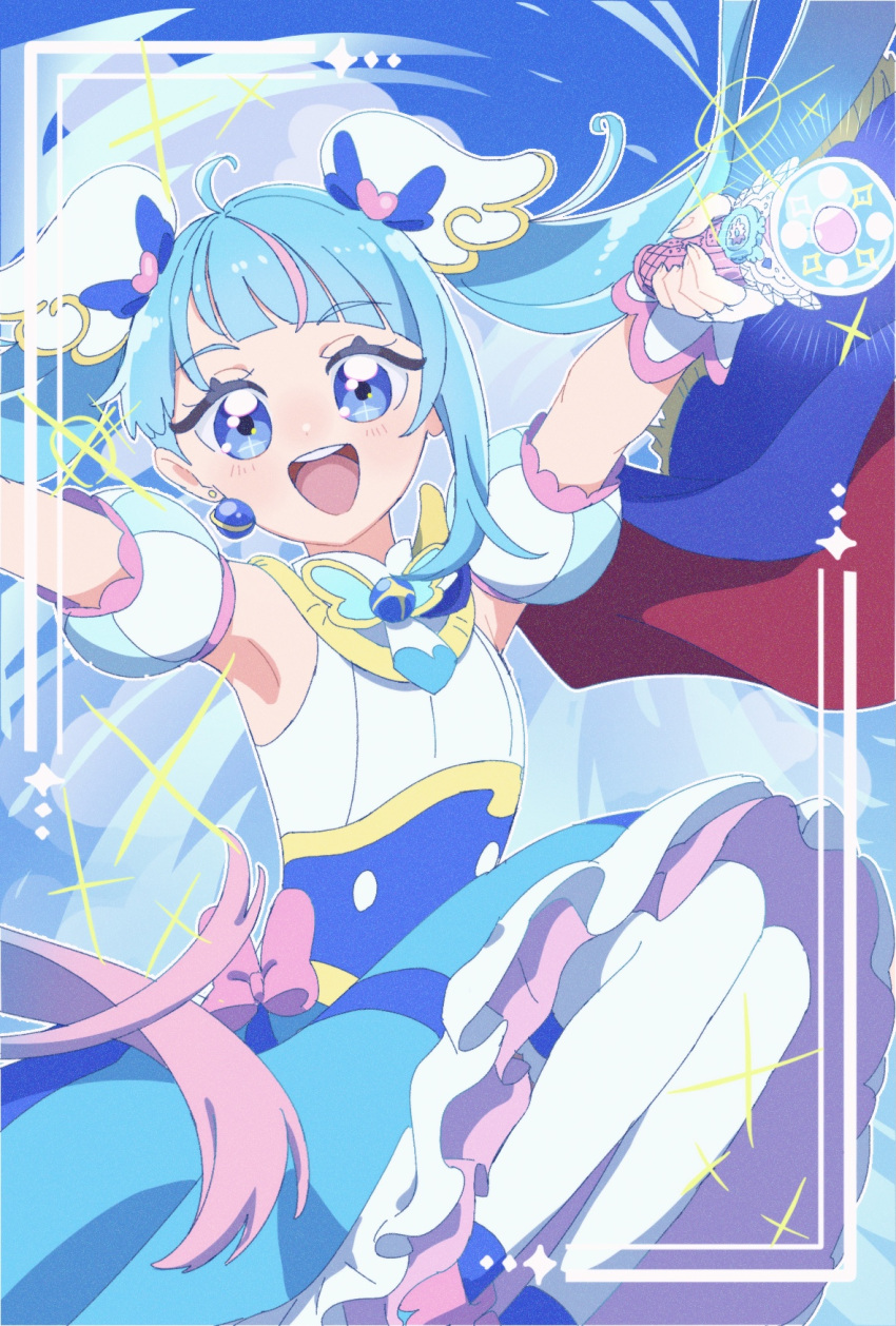 1girl :d arms_up blue_cape blue_dress blue_eyes blue_hair bow brooch cape cure_sky cut_bangs detached_sleeves diffraction_spikes dress dress_bow ear_covers earrings fingerless_gloves floating frilled_dress frills fringe_trim gloves highres hirogaru_sky!_precure holding jewelry legs_up long_hair magical_girl multicolored_hair pink_hair precure puffy_detached_sleeves puffy_sleeves red_cape single_ear_cover single_sidelock sky_mirage sleeveless sleeveless_dress smile solo sora_harewataru sparkle streaked_hair thighhighs twintails two-sided_cape two-sided_fabric two-tone_hair usiusi_nanas very_long_hair white_gloves white_thighhighs wing_brooch wing_hair_ornament