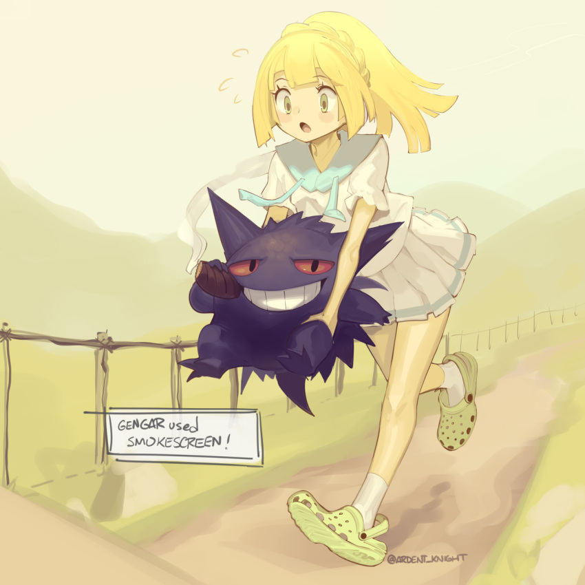 1girl blonde_hair blue_sailor_collar boa_(brianoa) crocs english_commentary english_text gengar green_eyes green_footwear grin highres holding holding_pokemon lillie_(pokemon) pleated_skirt pokemon pokemon_(creature) pokemon_(game) pokemon_sm ponytail sailor_collar skirt smile smoking socks white_skirt white_socks