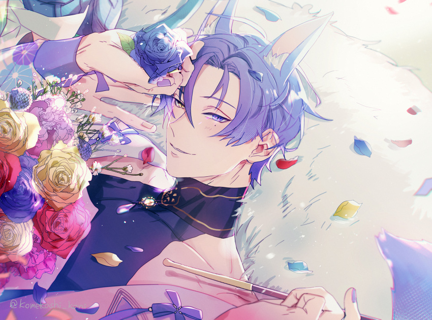 1boy animal_ears bishounen blue_flower blue_rose bouquet confetti flower fox_boy fox_ears gem heterochromia highres holding holding_bouquet holding_flower holding_smoking_pipe komekashi_kani kuya_(nu_carnival) long_sleeves looking_at_viewer male_focus mole mole_under_eye nu_carnival parted_lips petals pink_flower pink_rose purple_eyes purple_flower purple_hair purple_nails purple_rose red_flower red_rose rose rose_petals short_hair smile smoking_pipe white_flower white_rose yellow_eyes yellow_flower yellow_rose