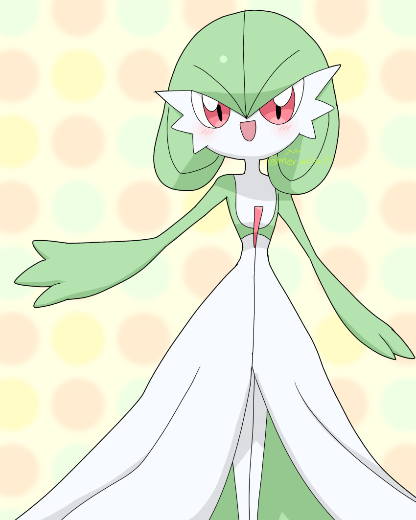 1girl absurdres artist_name blush bob_cut colored_skin commentary_request flat_chest gardevoir green_hair green_skin hair_between_eyes happy highres legs_together looking_at_viewer meru_(mer_milky77) multicolored_background multicolored_skin open_mouth pokemon pokemon_(creature) polka_dot polka_dot_background red_eyes short_hair signature smile solo standing straight-on twitter_username two-tone_skin white_skin