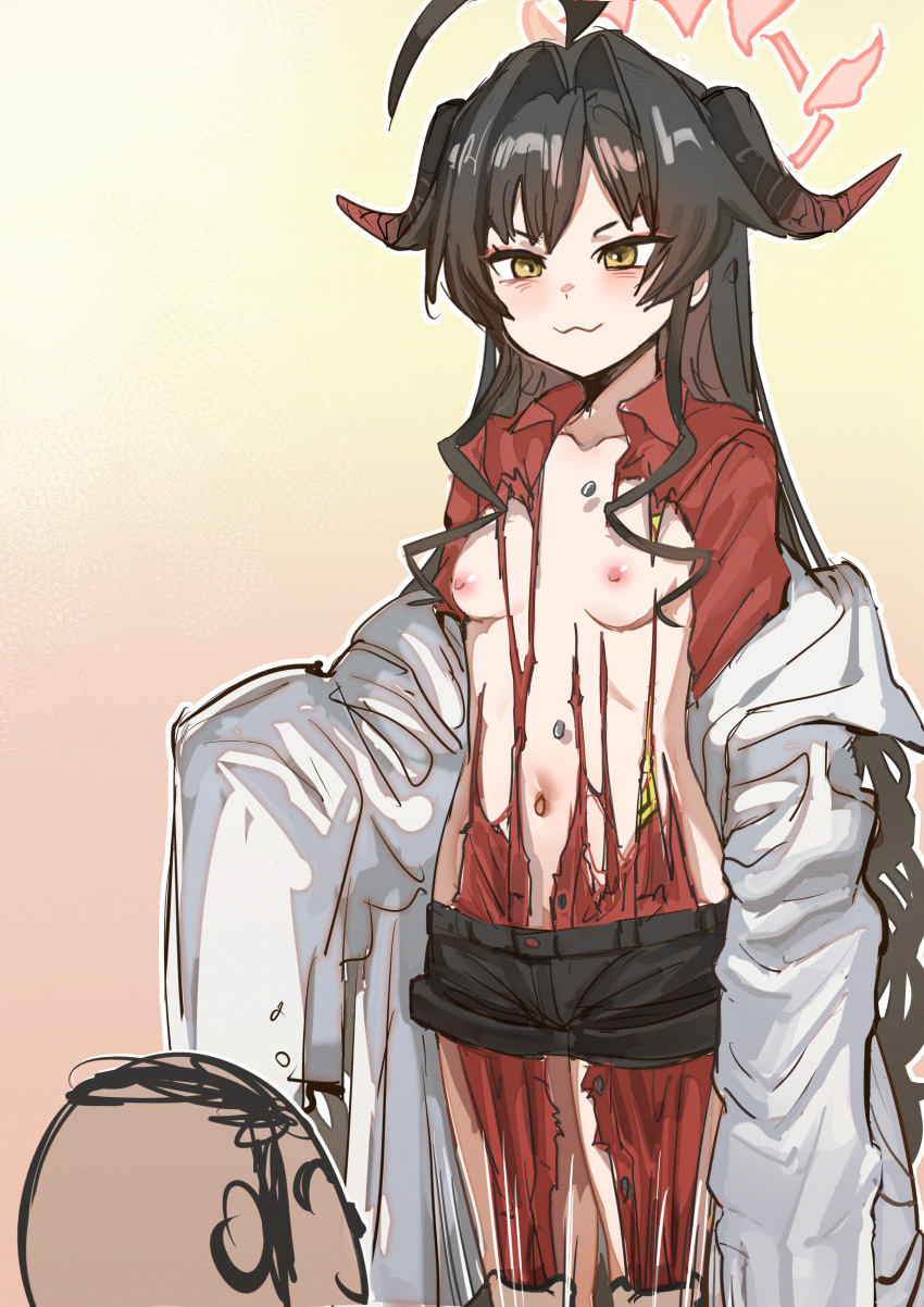 1boy 1girl absurdres ahoge arona's_sensei_doodle_(blue_archive) bad_id bad_pixiv_id black_hair black_horns black_shorts blue_archive blush bow_(bhp) breasts closed_mouth coat cowboy_shot demon_horns halo highres horns kasumi_(blue_archive) lab_coat long_hair navel nipples pink_halo red_halo red_shirt sensei_(blue_archive) shirt shirt_tucked_in shorts sleeves_past_fingers sleeves_past_wrists small_breasts torn_clothes torn_shirt white_coat yellow_eyes