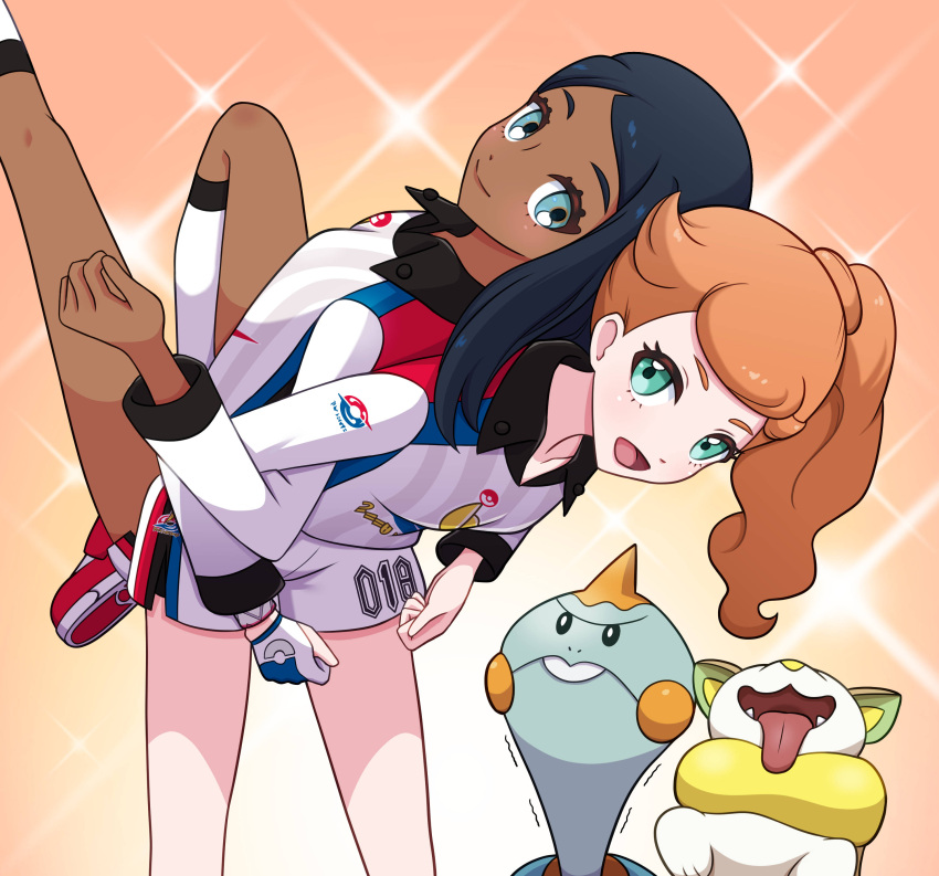 2girls :d absurdres aged_down assisted_stretching back-to-back black_hair chewtle closed_mouth commentary_request dark-skinned_female dark_skin eyelashes green_eyes gym_challenge_uniform highres kneehighs knees locked_arms long_hair looking_at_viewer multiple_girls nessa_(pokemon) open_mouth orange_hair pokemon pokemon_(creature) pokemon_(game) pokemon_swsh shirt shorts side_ponytail side_slit side_slit_shorts smile socks sonia_(pokemon) tongue trembling white_shirt white_shorts white_socks yamper yuu_(jgvj7873)