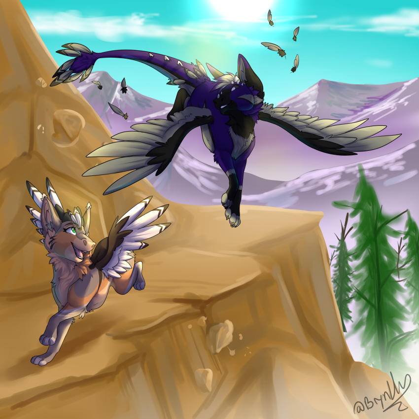 brynhusky duo dutch_angel_dragon feathered_wings feathers female feral flying hi_res horn male mountain parrybow rebutia_(parrybow) running wings