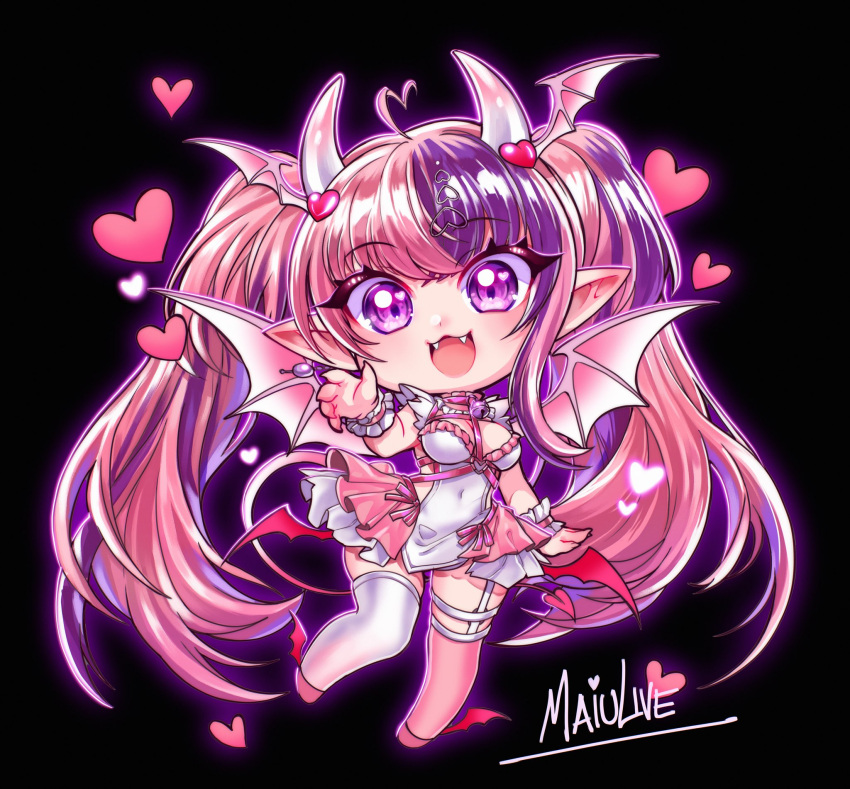 1girl :3 :d ahoge asymmetrical_legwear breasts chibi demon_girl demon_tail demon_wings dress earrings hair_ornament head_wings heart heart_ahoge heart_hair_ornament highres ironmouse ironmouse_(demon_form) jewelry large_breasts long_hair looking_at_viewer low_wings maiulive multicolored_hair multiple_wings open_mouth pink_hair pink_skirt pink_thighhighs pointy_ears purple_eyes purple_hair skirt smile solo streaked_hair tail thighhighs virtual_youtuber vshojo white_dress white_thighhighs wings