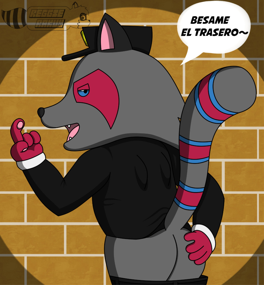 absurd_res ambiguous_gender brick_background butt butt_grab cel_shading clothing crab-eating_raccoon hand_on_butt hi_res looking_at_viewer mammal open_mouth police_hat police_uniform presenting procyonid raccoon reggie_rakun shaded solo spanish_text text translated uniform