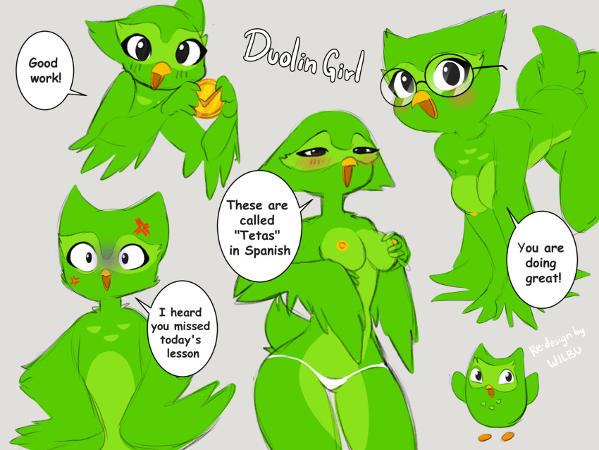 2023 all_fours anthro anthrofied areola avian beak bird black_eyes blush blush_lines breasts chest_markings clothing cross-popping_vein crossgender dialogue duo_(duolingo) duolingo english_text eyelashes eyewear feathers female glasses green_body green_feathers hi_res holding_breast holding_object markings mascot mtf_crossgender nipples open_mouth owl panties pink_areola pink_nipples solo speech_bubble standing tail text underwear white_clothing white_panties white_underwear wilbuwann winged_arms wings