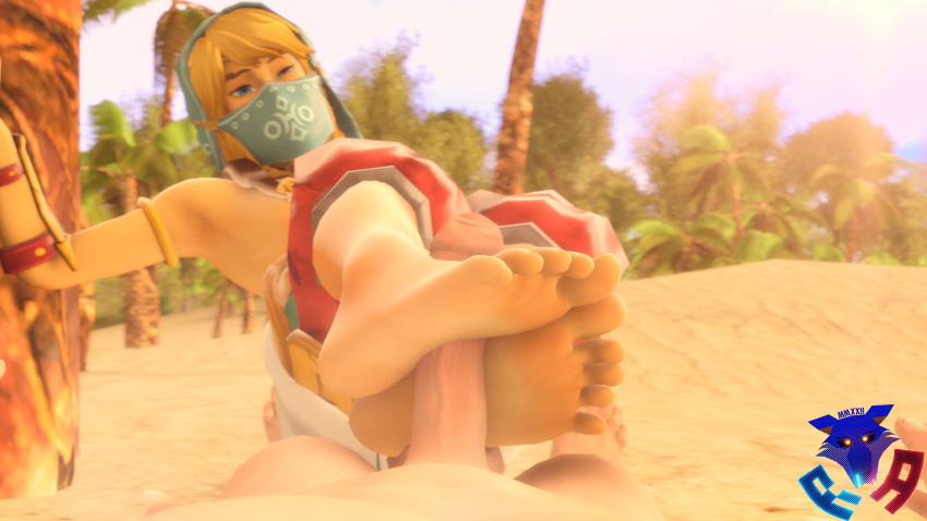 2023 5_toes blonde_hair blue_eyes feet foot_fetish foot_play footjob genitals gerudo_outfit hair hi_res humanoid humanoid_feet humanoid_genitalia humanoid_hands humanoid_penis hylian link nintendo palm_tree penis plant plantigrade rookieanimator210 sand sex the_legend_of_zelda toes tree