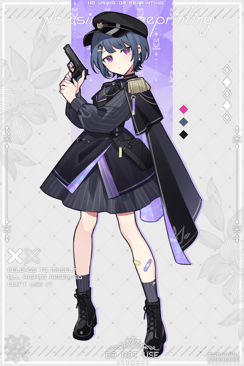 1girl alternate_costume black_cape black_dress black_footwear black_headwear blue_hair cape dress earrings epaulettes full_body gun highres holding holding_gun holding_weapon jewelry koshimizu_toru nijisanji pink_eyes short_hair socks solo waka_(wk4444) weapon