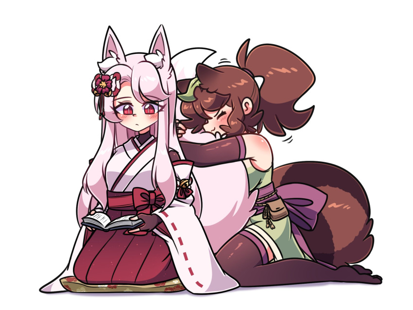 2girls animal_ears black_gloves blush book breasts brown_gloves brown_hair brown_thighhighs closed_eyes closed_mouth elbow_gloves fingerless_gloves fox_ears fox_girl fox_tail gloves highres holding holding_book hugging_another's_tail hugging_tail japanese_clothes leaf leaf_on_head littlecloudie long_hair medium_breasts miko multiple_girls original raccoon_ears raccoon_girl raccoon_tail red_eyes seiza short_hair short_ponytail simple_background sitting tail thighhighs wariza white_background white_hair