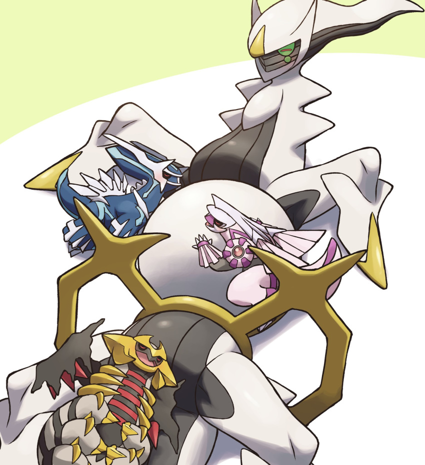 2020 arceus belly big_belly blue_body dialga eyes_closed feral generation_4_pokemon giratina group hand_on_stomach hi_res legendary_pokemon lying lying_on_another nintendo on_back on_ice_(artist) palkia pokemon pokemon_(species) simple_background size_difference white_body