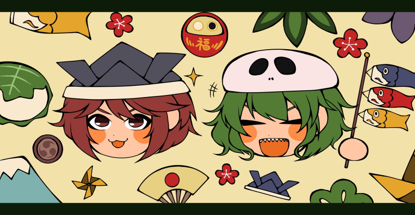 +_+ 1jumangoku 2others :3 alternate_headwear androgynous black_headwear blush_stickers children's_day closed_eyes commentary flat_color flower green_flower hand_fan head_only headwear_request highres holding japanese_flag_print katano_sukune kitsugai_sese koinobori leaf len'en mount_fuji mountain multiple_others object_request open_mouth origami paper_crane pinwheel pointy_hair purple_flower red_eyes red_flower red_hair sharp_teeth short_hair skull-shaped_hat smile sparkle teeth upper_teeth_only v-shaped_eyebrows wavy_hair white_background windsock