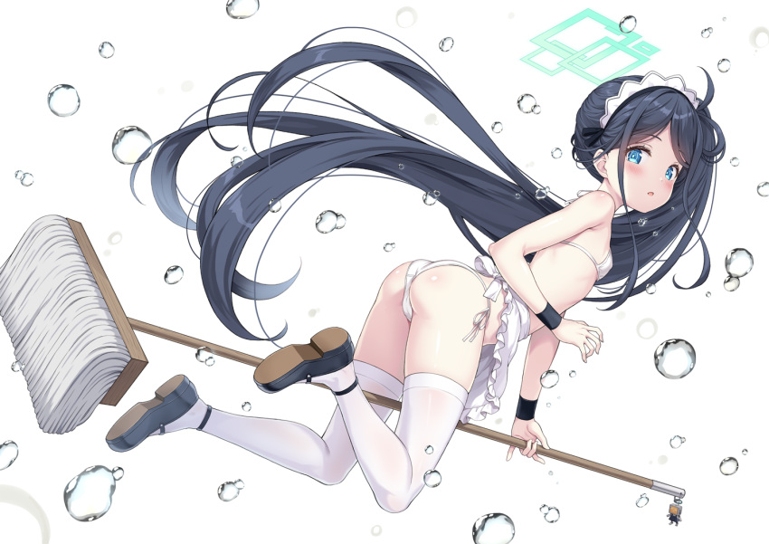 1girl absurdly_long_hair apron aris_(blue_archive) aris_(maid)_(blue_archive) ass bare_shoulders bikini black_hair blue_archive blue_eyes blush breasts broom commentary_request floating frilled_apron frills full_body hair_ribbon halo holding holding_broom long_hair looking_at_viewer looking_back maid maid_headdress open_mouth ribbon side-tie_bikini_bottom simple_background small_breasts solo string_bikini swimsuit thighhighs thighs very_long_hair white_apron white_background white_bikini white_thighhighs wristband yamasan