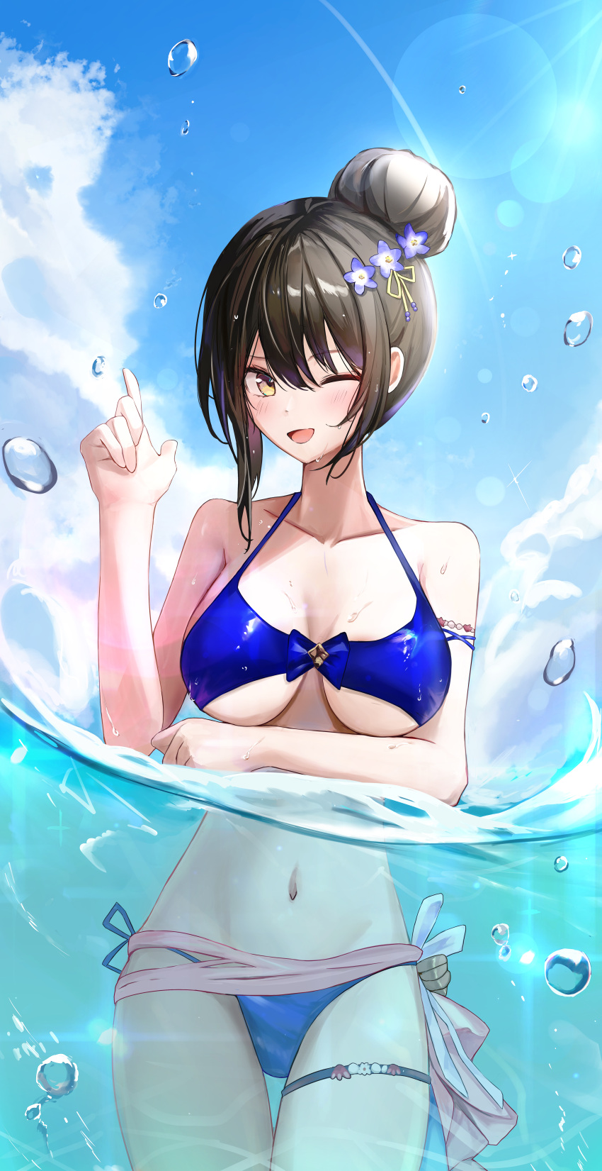 1girl absurdres bikini black_hair blue_bikini brown_dust_2 brown_eyes collarbone dana_(hapong07) day flower hair_bun hair_flower hair_ornament highres looking_at_viewer navel one_eye_closed open_mouth partially_submerged scheherazade_(brown_dust) side-tie_bikini_bottom sky solo swimsuit thigh_strap