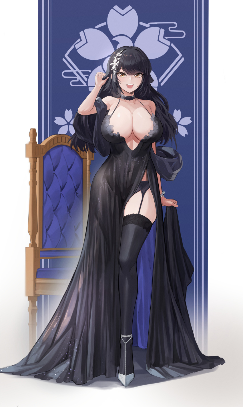 1girl absurdres animal_ears azur_lane black_choker black_dress black_hair black_thighhighs bracelet breasts chair choker choukai_(azur_lane) cleavage commission dog_ears dress floppy_ears full_body garter_belt garter_straps hair_ornament hand_up highres jewelry large_breasts long_hair looking_at_viewer low_neckline open_mouth pixiv_commission sakura_empire_(emblem) shio05_(05_sio) smile solo standing swept_bangs thighhighs yellow_eyes
