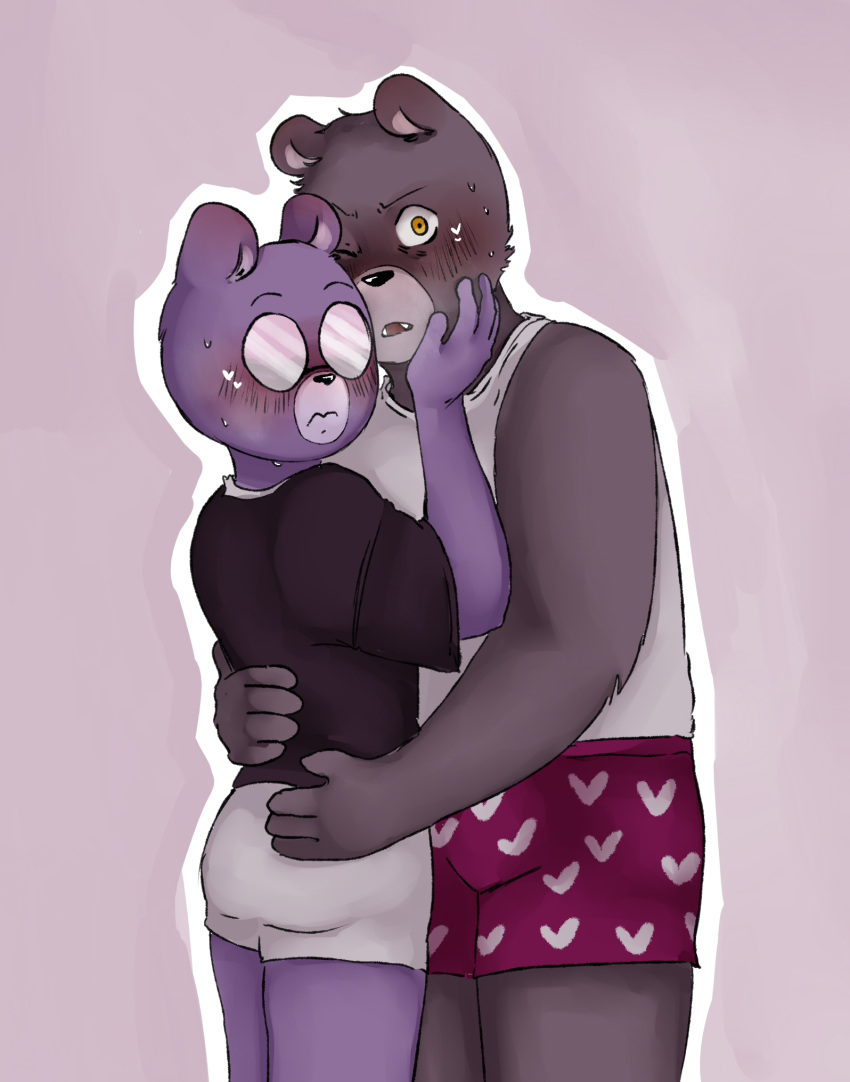 2023 anthro bear blush brown_body butt clothing duo embrace eyewear glasses hi_res hug humanoid_hands male mammal padre_(unicorn_wars) purple_body sargento_caricias shirt simple_background topwear underwear unicorn_wars zadscat