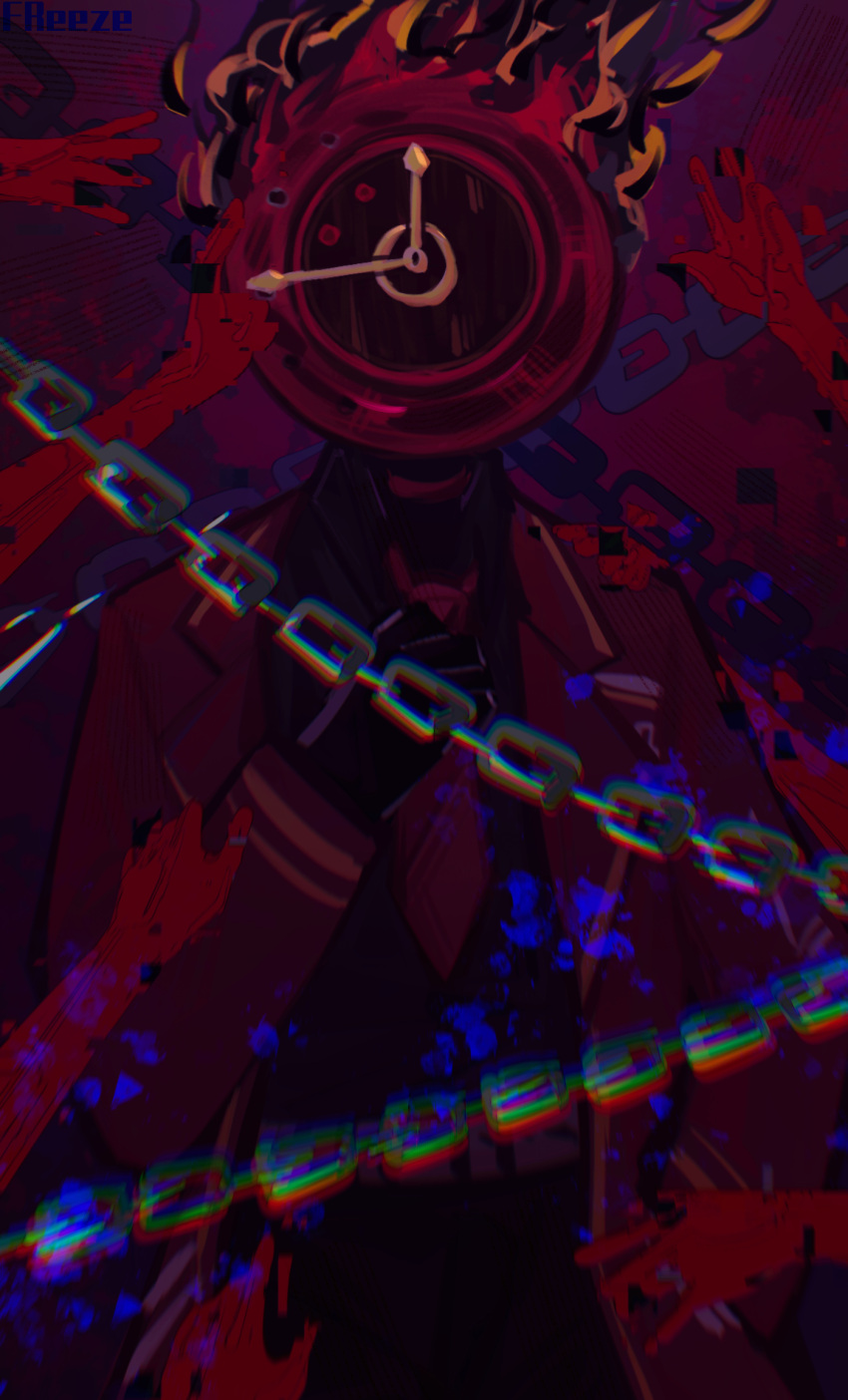 1other artist_name black_gloves black_shirt chain chromatic_aberration clock coat collared_shirt dante_(limbus_company) fire freeze_(zero7766) gloves highres limbus_company long_sleeves necktie object_head open_clothes open_coat project_moon red_coat red_necktie shirt