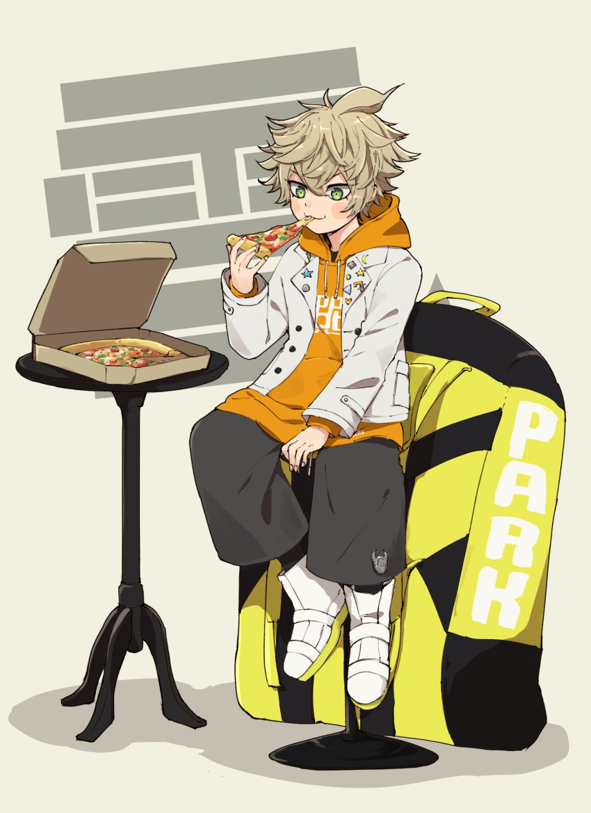 1boy backpack bag black_pants blonde_hair commentary_request desuhiko_thunderbolt eating food full_body gekiyasu_no_dendou green_eyes grey_background hair_between_eyes highres holding holding_food holding_pizza hood hood_down hoodie long_sleeves male_focus master_detective_archives:_rain_code orange_hoodie pants pizza pizza_box pizza_slice short_hair sitting smile solo star_(symbol) star_in_eye symbol_in_eye table white_footwear yellow_bag