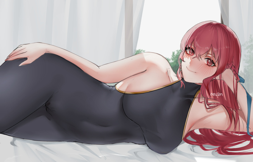 1girl absurdres black_bodysuit blush bodysuit breasts commission highres large_breasts long_hair looking_at_viewer lying milephunter noa_grandstar on_side pixiv_commission red_eyes red_hair sketch smile solo waga_himegimi_ni_eikan_wo