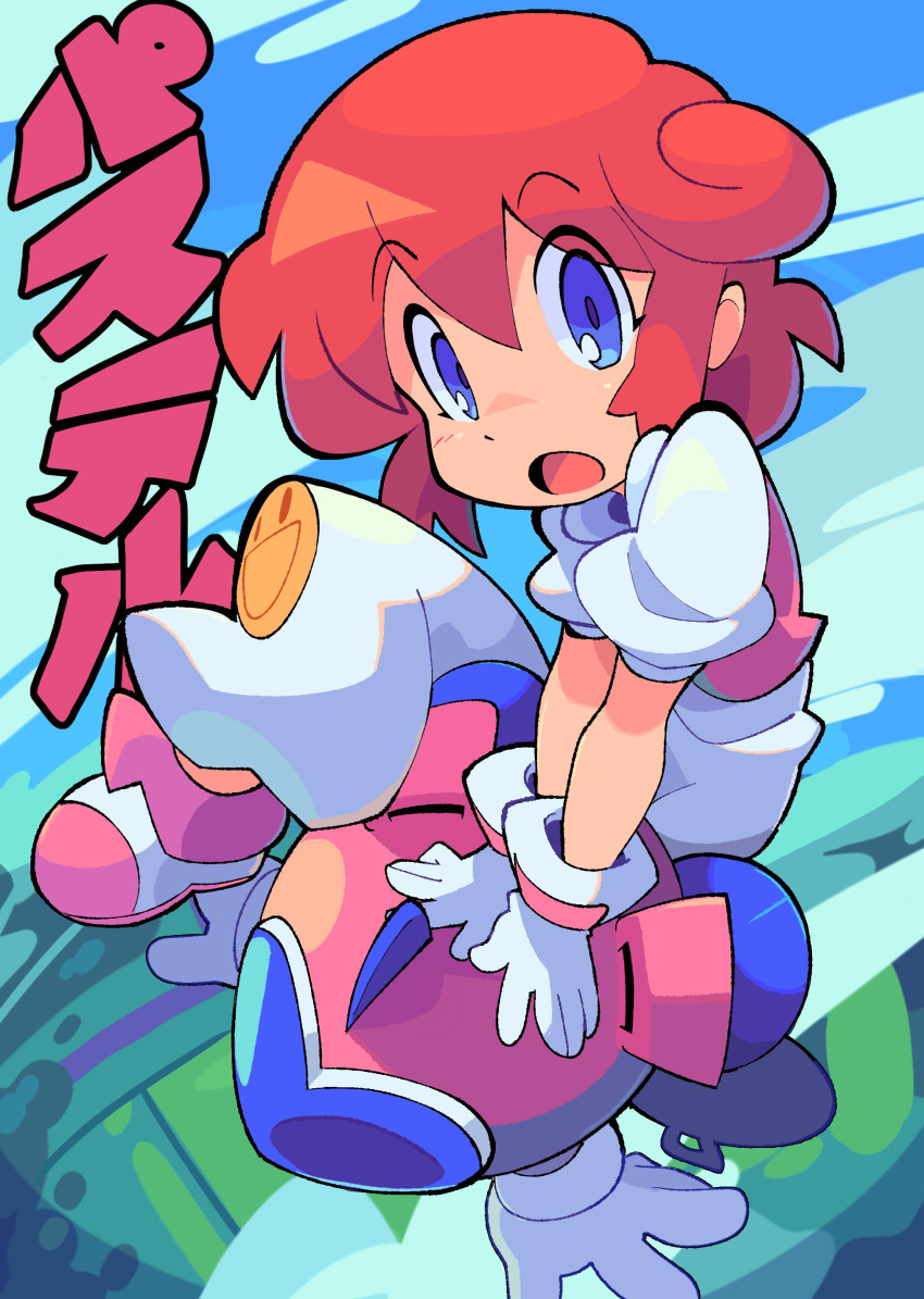 1girl absurdres bacun blue_eyes blue_sky cloud cloudy_sky curly_hair english_commentary flying gloves highres looking_at_viewer open_mouth outdoors pants pastel_(twinbee) pink_hair puffy_short_sleeves puffy_sleeves robot short_hair short_sleeves sky smiley_face translation_request twinbee white_gloves white_pants winbee