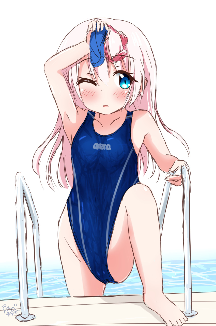 1girl barefoot blonde_hair blue_eyes blue_one-piece_swimsuit clothes_writing commentary_request competition_swimsuit goggles goggles_removed highleg highleg_swimsuit highres long_hair one-piece_swimsuit original pool_ladder purapechinu solo swim_cap_removed swimsuit