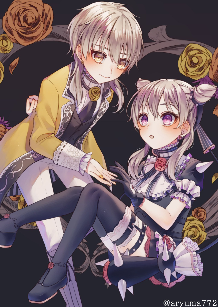 1boy 1girl amo_(goumontou_wa_nemuranai) aryuma772 black_footwear black_gloves black_thighhighs black_vest blonde_hair earrings flower flower_earrings gloves goumontou_wa_nemuranai highres jacket jewelry long_hair open_mouth pants pink_eyes rack_(goumontou_wa_nemuranai) rose smile thighhighs vest white_pants yellow_eyes yellow_flower yellow_jacket yellow_rose