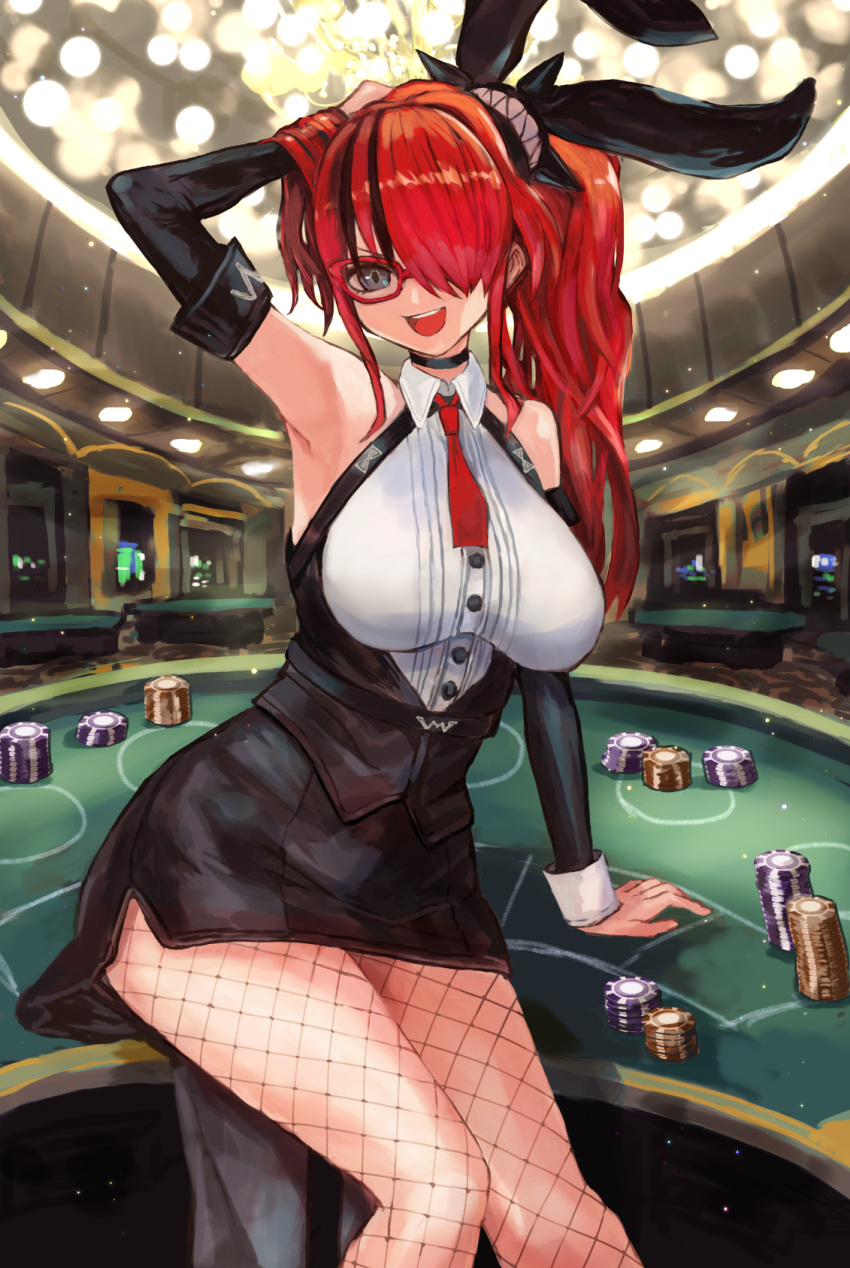 1girl animal_ears armband bare_shoulders black_hair breasts casino casino_card_table choker detached_sleeves fake_animal_ears feet_out_of_frame fishnets glasses grey_eyes hair_over_one_eye highres indoors inuyou lain_paterson lain_paterson_(2nd_costume) large_breasts leaning miniskirt multicolored_hair necktie nijisanji official_alternate_costume open_mouth poker_chip rabbit_ears red_hair red_necktie skirt solo streaked_hair table virtual_youtuber wrist_cuffs