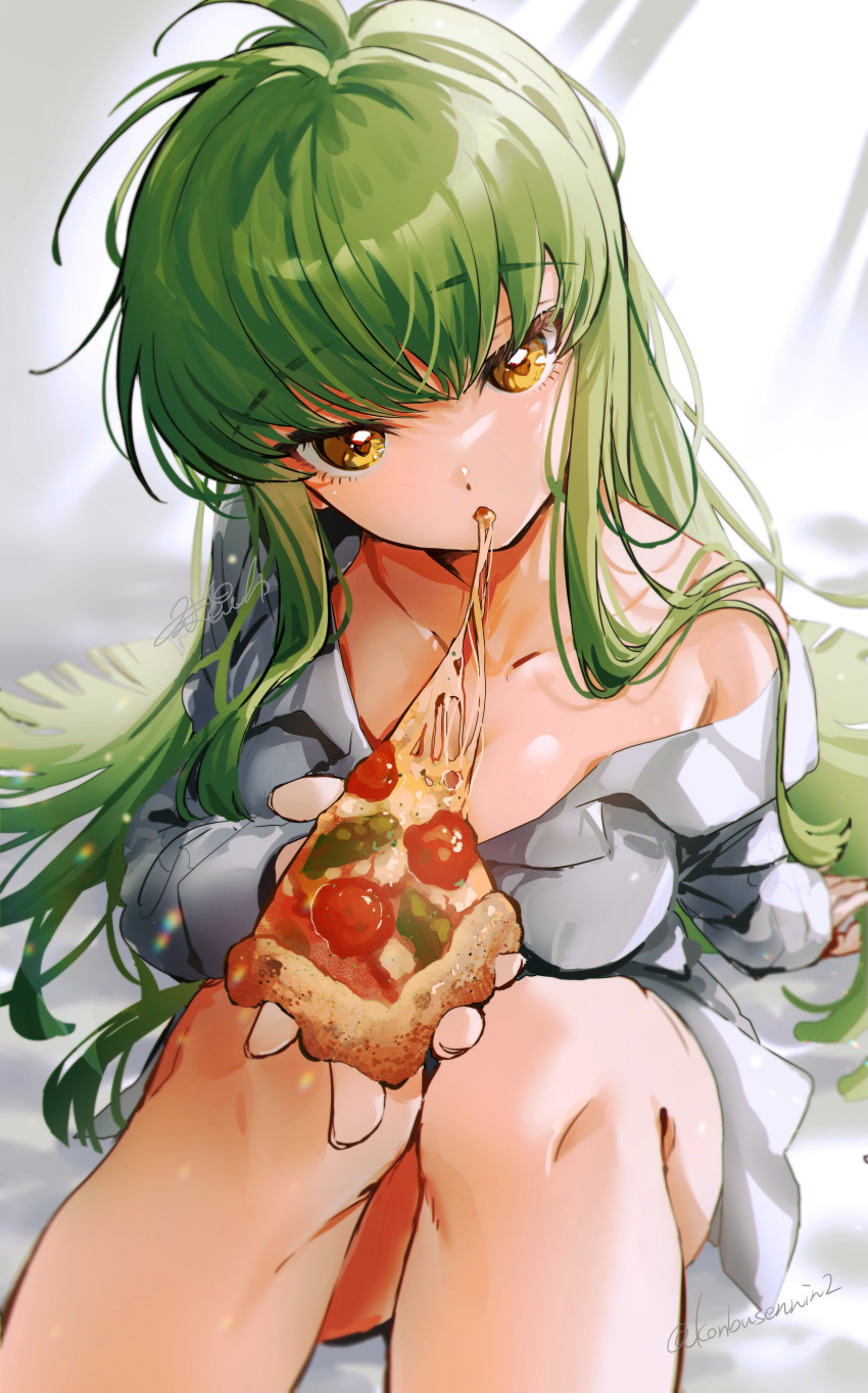 1girl absurdres bare_shoulders bodysuit breasts c.c. cleavage code_geass collarbone food green_hair highres holding holding_food holding_pizza long_bangs long_hair looking_at_viewer open_mouth pizza simple_background syukonbu thighs watermark white_bodysuit yellow_eyes