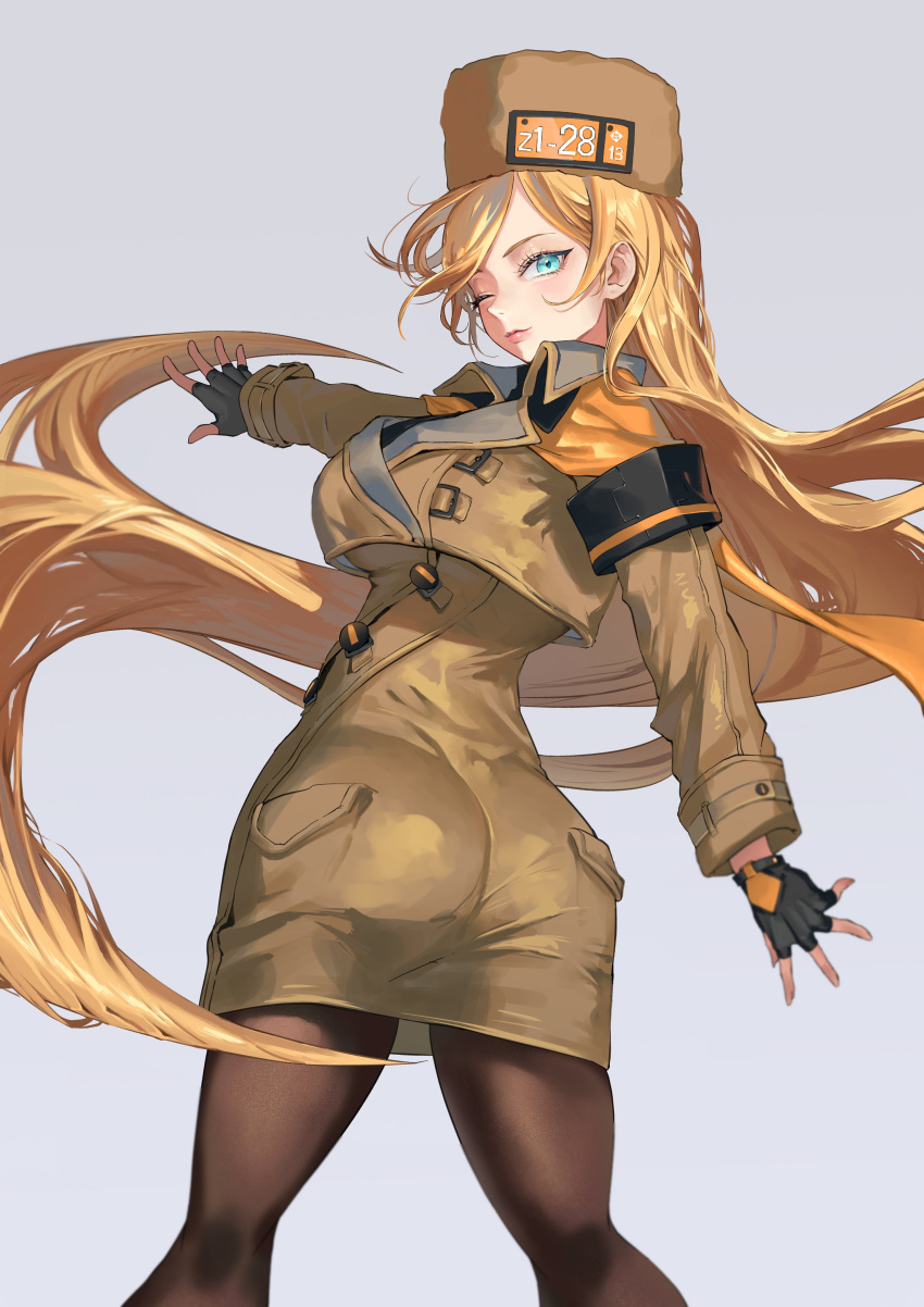 1girl absurdly_long_hair absurdres arm_scarf ass black_gloves blonde_hair blue_eyes breasts brown_coat coat fingerless_gloves fur_hat gloves guilty_gear guilty_gear_strive hat highres large_breasts long_hair long_sleeves looking_at_viewer millia_rage one_eye_closed orange_headwear prehensile_hair rugure simple_background ushanka very_long_hair