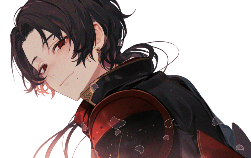 1boy armor black_hair blush closed_mouth dutch_angle earrings eyelashes floating_hair from_behind from_side happy highres jewelry kashuu_kiyomitsu leaning_forward long_hair looking_at_viewer looking_back male_focus mole mole_under_mouth parted_bangs petals red_eyes short_hair_with_long_locks shoulder_armor simple_background smile solo touken_ranbu upper_body white_background yamada_chickenko