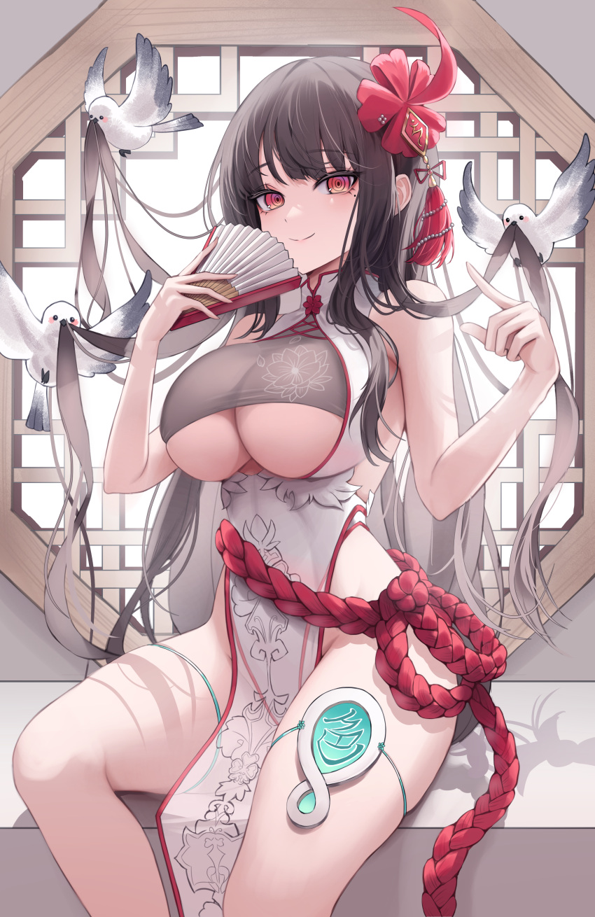 1girl @_@ absurdres animal bare_arms bare_legs bare_shoulders bird black_hair breasts china_dress chinese_clothes cleavage closed_mouth clothing_cutout commission dove dress folding_fan hair_ribbon hand_fan hands_up highres holding holding_fan large_breasts long_hair looking_at_viewer mole mole_under_eye multicolored_hair no_bra no_panties original pelvic_curtain red_eyes ribbon rope second-party_source sitting sleeveless sleeveless_dress smile solo tassel taut_clothes thighs two-tone_hair underboob underboob_cutout very_long_hair white_dress yoonsol