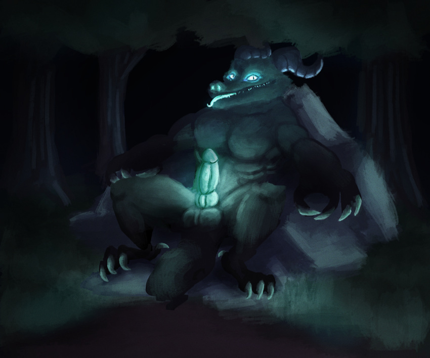 anthro balls claws demon forest genitals glowing glowing_eyes glowing_genitalia glowing_penis grass hi_res horn hybrid male penis plant rock sitting solo teeth tongue tongue_out tree