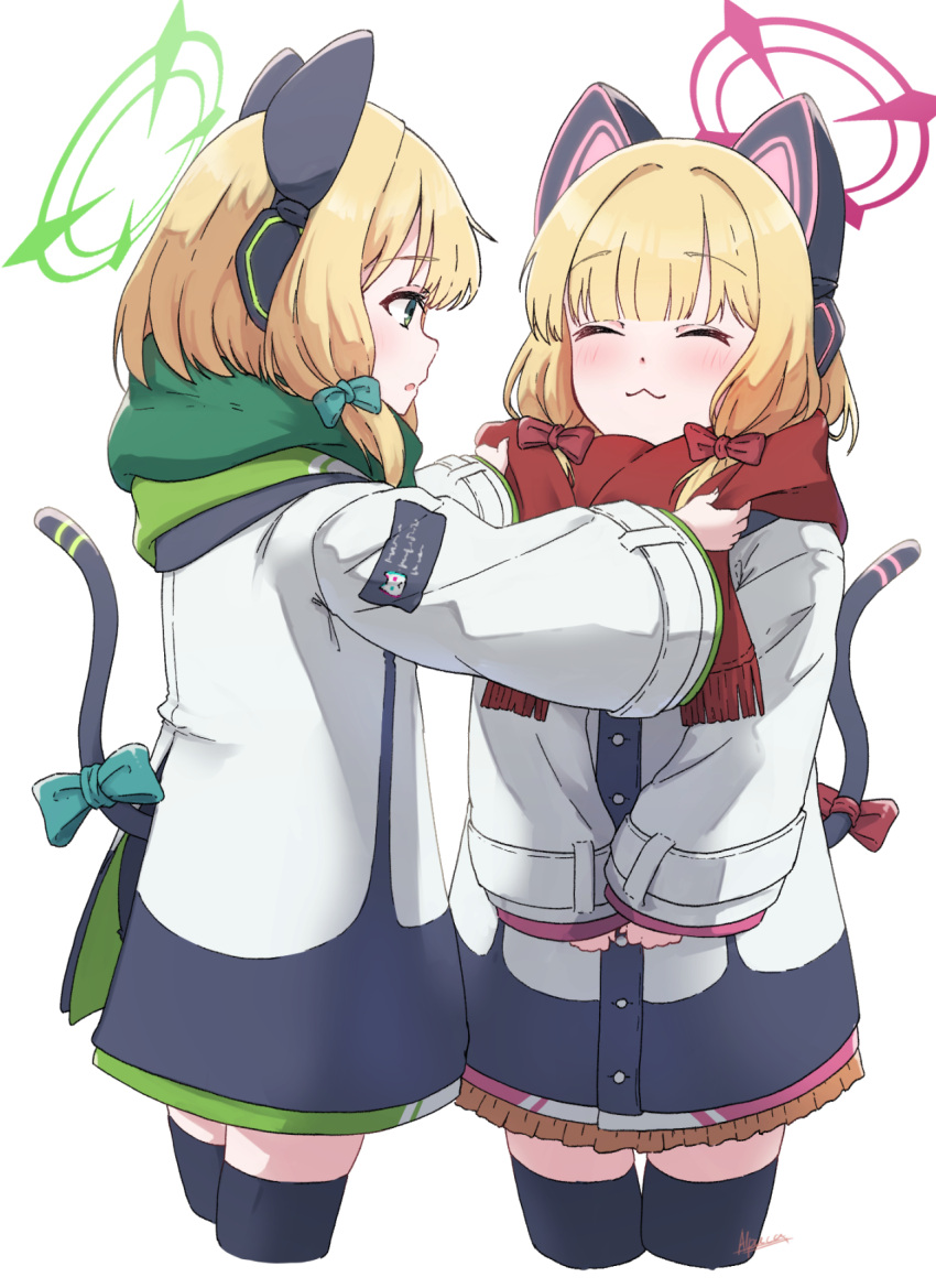 2girls alpaca_(alpaca00011) animal_ear_headphones animal_ears black_thighhighs blonde_hair blue_archive bow closed_eyes fake_animal_ears fake_tail green_eyes hair_bow halo headphones highres jacket midori_(blue_archive) momoi_(blue_archive) multiple_girls scarf_tying siblings smile tail tail_bow tail_ornament thighhighs twins