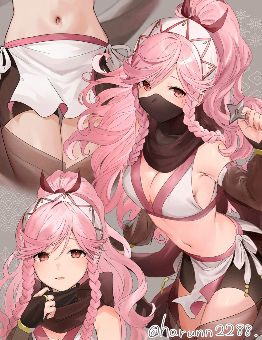 1girl alternate_costume bare_shoulders black_mask blush braid breasts cleavage covered_mouth fire_emblem fire_emblem_awakening fire_emblem_fates gloves hairband haru_(nakajou-28) highres jewelry long_hair looking_at_viewer mask medium_breasts mouth_mask navel ninja ninja_mask olivia_(fire_emblem) pink_eyes pink_hair ponytail shuriken side_braid simple_background solo sweatdrop twin_braids weapon