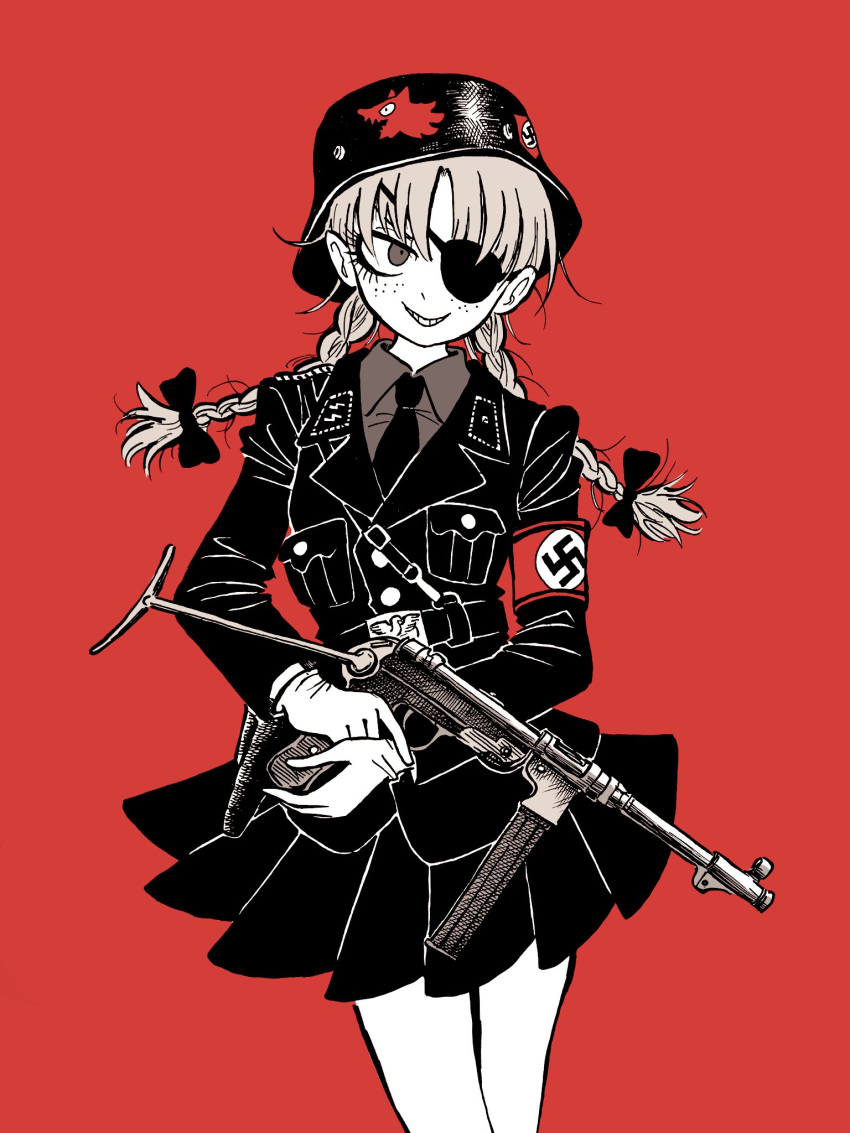 1girl armband belt braid collared_shirt combat_helmet cowboy_shot eyepatch freckles grin gun helmet highres holding holding_gun holding_weapon jacket limited_palette long_hair military_uniform mp40 nazi necktie original pleated_skirt red_background shi_(yotsuhaka) shirt simple_background skirt smile solo stahlhelm submachine_gun swastika trigger_discipline twin_braids uniform weapon