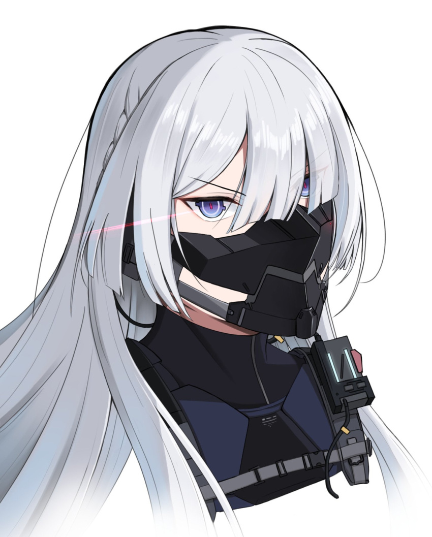 1girl ak-15_(girls'_frontline) artificial_eyes blunt_bangs braid citrus7763 defy_(girls'_frontline) eye_trail eyebrows_hidden_by_hair girls'_frontline glowing glowing_eyes hair_over_one_eye highres light_trail long_hair looking_at_viewer mask mouth_mask simple_background solo tactical_clothes upper_body white_background white_hair