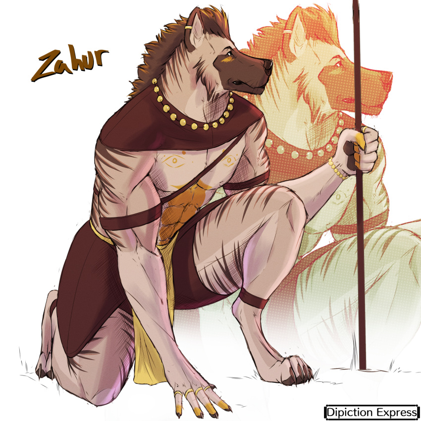 anthro bottomwear clothing depictionexpress hi_res hyena jewelry kneeling leader loincloth looking_away male mammal melee_weapon muscular muscular_anthro muscular_male piercing polearm ring simple_background solo solo_focus spear tattoo tribal tribal_clothing tribal_jewelry tribal_tattoo weapon were werehyena zahur_(depictionexpress)