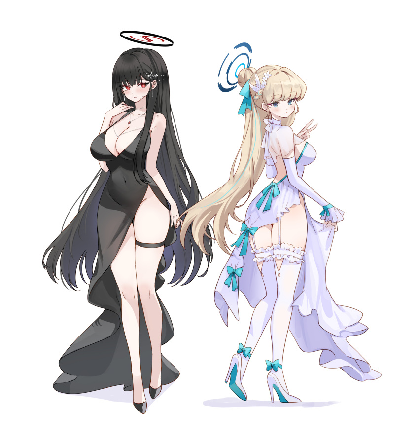 2girls absurdres ash_(cat7evy) black_dress black_hair blonde_hair blue_archive blue_eyes blue_hair blue_halo blush breasts closed_mouth dress full_body hair_bun halo high_heels highres long_hair medium_breasts multicolored_hair multiple_girls red_eyes rio_(blue_archive) signature simple_background standing streaked_hair thighhighs toki_(blue_archive) v white_background white_dress white_footwear white_thighhighs