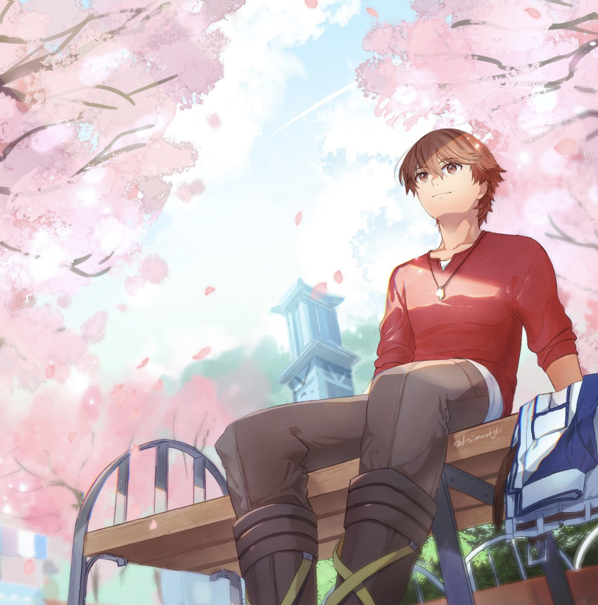 1boy ao_no_kiseki bench boots brown_eyes brown_hair cherry_blossoms dog_tags eiyuu_densetsu falling_petals folded_clothes highres jacket kaimurkgk lloyd_bannings park_bench petals shirt short_hair sitting smile solo t-shirt tower zero_no_kiseki