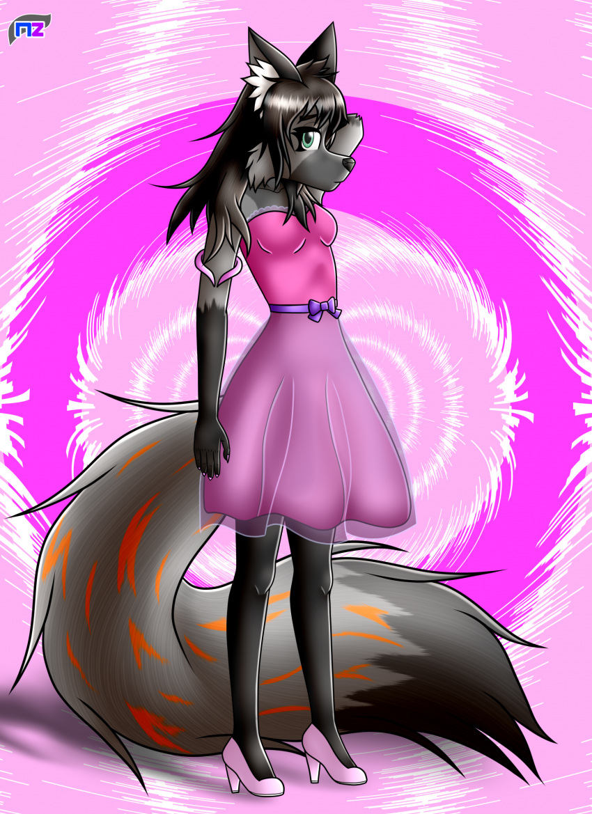 annika_zorra anthro black_hair bow_ribbon canid canine clothing colored_nails cross_fox dress female fluffy fluffy_tail footwear fox green_eyes hair hi_res high_heels long_hair long_tail mammal nails newzorra red_fox ribbons silver_fox solo tail tentacles translucent translucent_clothing