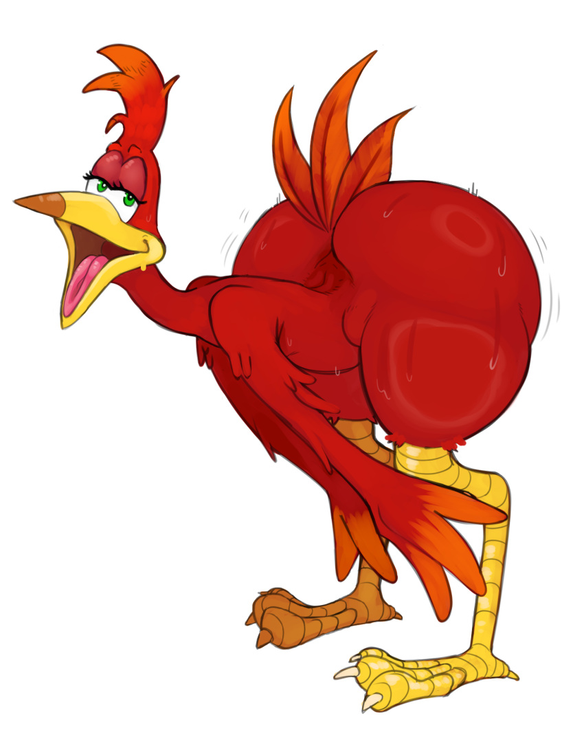 anthro ass_up avian banjo-kazooie bedroom_eyes bent_over big_butt bodily_fluids butt chubbachunks feathers female green_eyes hands_on_legs hi_res kazooie looking_at_viewer narrowed_eyes open_mouth rareware red_body red_feathers seductive shaking_butt solo sweat tail_feathers